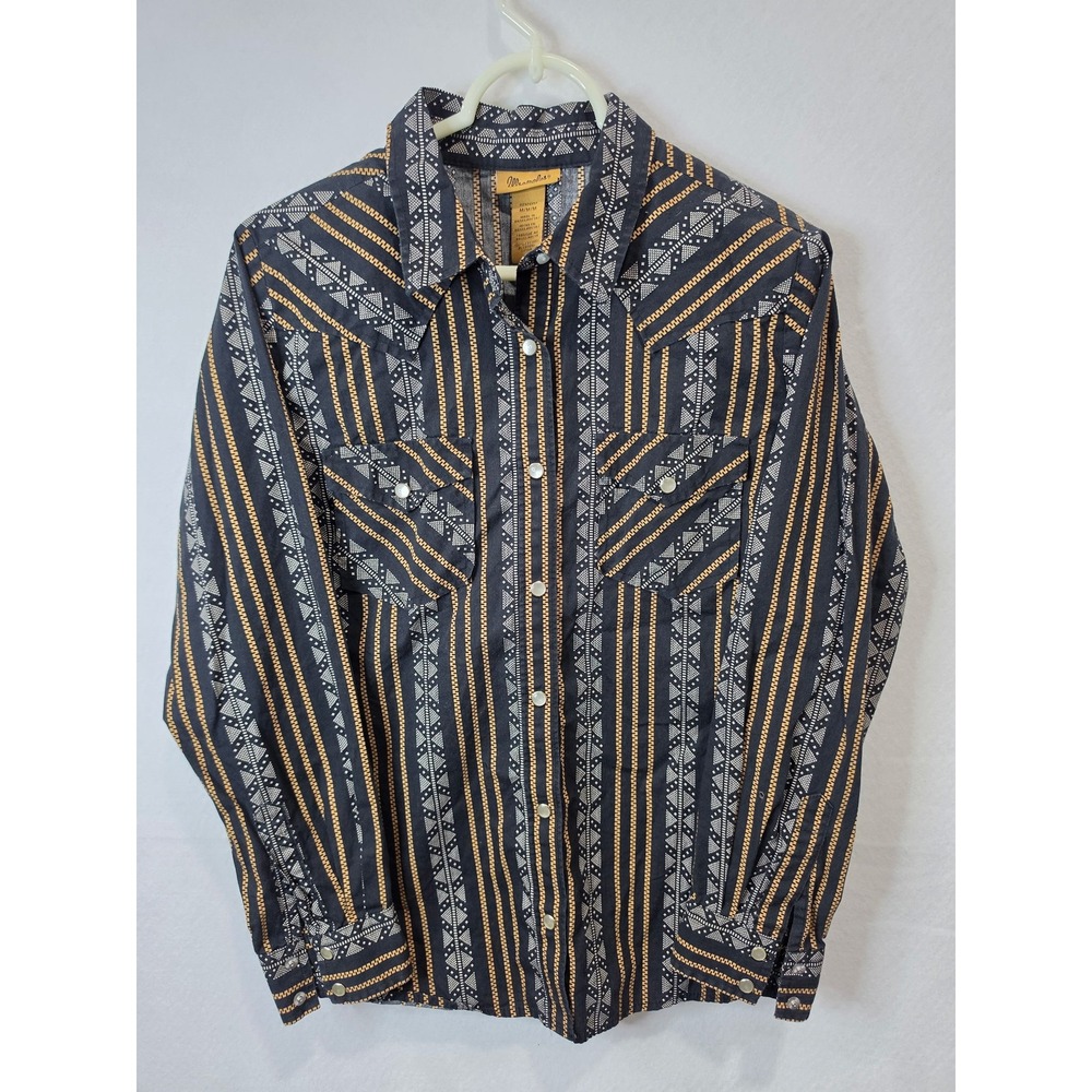 Wrangler Womens Western Snap Shirt Black Tan Geometric Stripe Medium